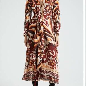 FARM Rio Burgundy, Cream & Mustard Tie-Waist Maxi Dress. size S. Missing Belt